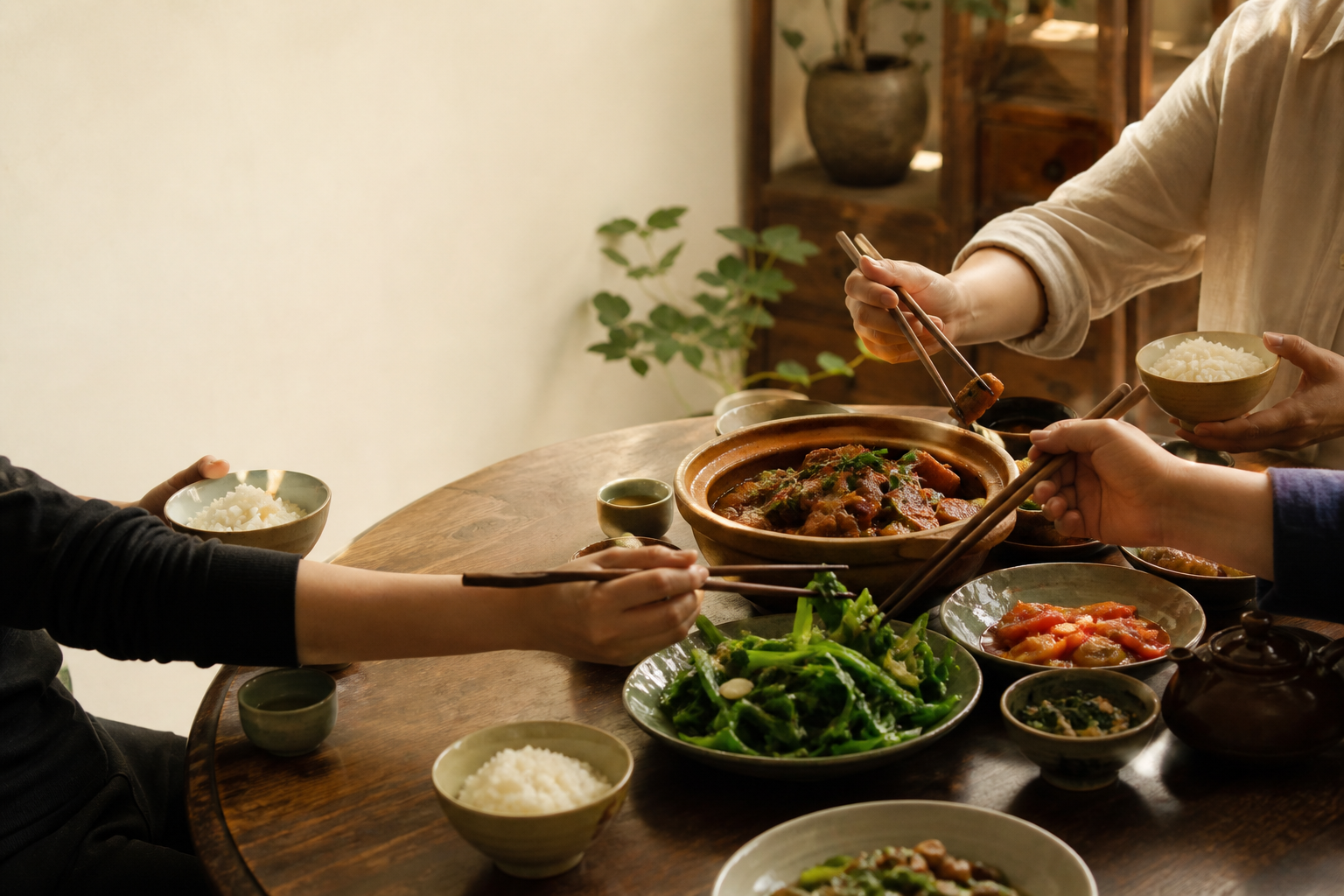 家人与朋友围坐在木桌旁，分享米饭和家常菜